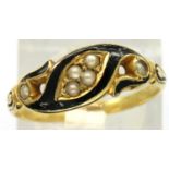 19th century presumed 18ct enamelled seed pearl set mourning ring, size M/N, 2.0g. P&P Group 1 (£