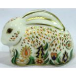 Royal Crown Derby baby Rowsley rabbit with gold stopper, H: 7 cm. No cracks, chips or visible