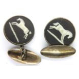 Pair of Wedgwood white over black basalt ceramic and hallmarked silver cufflinks. P&P Group 1 (£14+