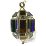 Middle Eastern brass and glass hanging lamp shade in multi colours, H: 41 cm. No visible damage or