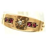 Victorian 15ct gold ruby and diamond set ring, size O, 1.6g (misshapen). P&P Group 1 (£14+VAT for