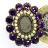 Victorian presumed 9ct gold foiled amethyst and seed pearl set mourning brooch, L: 25mm, 6.4g. P&P