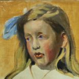 James Hargreaves Morton ARCA (1881-1918); oil on board of a girl, 45 x 30 cm. Provenance; label to
