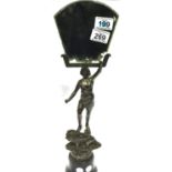 Early 20th century spelter figurine holding distressed mirror, H: 46 cm. Not available for in-