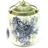 Doulton Burslem biscuit jar with silver plated cover, H: 19 cm, some minor crazing and small marks