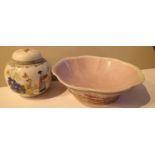 Large Chinese earthenware glazed bowl, D: 23 cm, and a covered jar with figural decoration. Not