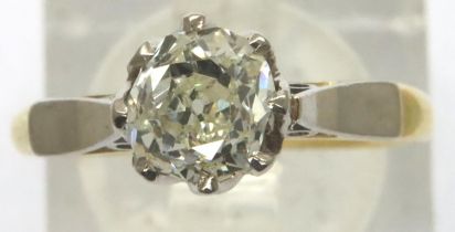 Antique 18ct gold, platinum set old cut diamond solitaire ring, size L, stone approximately 0.95cts,