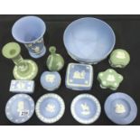 Collection of Wedgwood Jasperware in powder blue and sage green (14). Not available for in-house P&