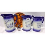 Three graduated Ironstone jugs and Poole Plate ceramics. Not available for in-house P&P, contact