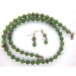 925 silver and green jade necklace and matching earrings, boxed, necklace L: 45 cm, combined 25g.