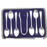 Cased set of six hallmarked silver teaspoons and matching sugar tongs. P&P Group 1 (£14+VAT for