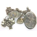 Collection of hallmarked silver and white metal items including brooches and a locket. P&P Group
