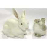 Lladro white rabbit and wren figurines, largest L: 11 cm. No cracks, chips or visible restoration.