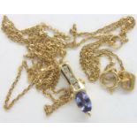 Boxed 9ct gold necklace with a diamond and amethyst set pendant, chain L: 42 cm, pendant L: 16 mm,
