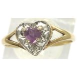 9ct gold amethyst and diamond heart ring, size P/Q, 1.6g. P&P Group 1 (£14+VAT for the first lot and