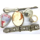 Mixed items including a silver box, silver cameo brooch, manicure piece, paste clip, ring and