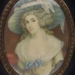 19th Century oval miniature portrait on ivory of a young lady, 80 x 60 mm. P&P Group 1 (£14+VAT