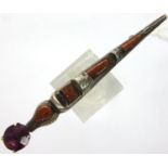 Vintage sterling silver dirk/kilt pin brooch with amethyst and agate glass cabochons, L: 65 mm. P&