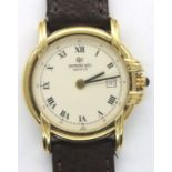Raymond Weil; ladies gold plated wristwatch with date aperture, Roman chapters and brown leather