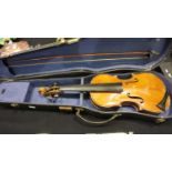Cased violin with bow, L: 55 cm. Not available for in-house P&P, contact Paul O'Hea at Mailboxes
