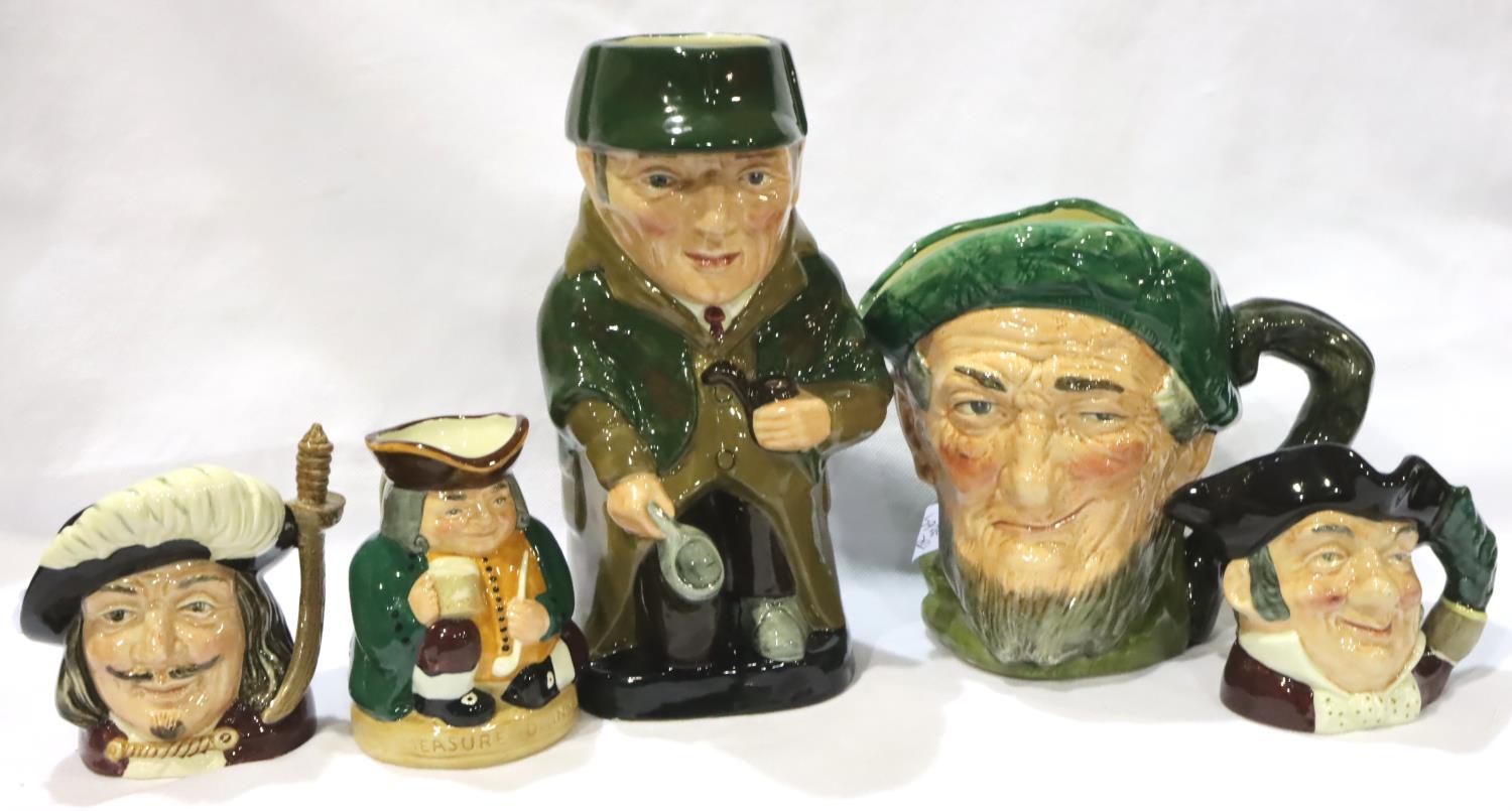 Five assorted Royal Doulton character jugs, Sherlock Holmes, Auld Mac, Mine Host, Honest Measure and