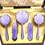 Hallmarked silver enamel guilloche cased five piece brush set, some losses to guilloche. P&P Group 2