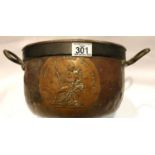 Copper twin handled pan with a steel band and Napoleon Emperor circular plaque, H: 19 cm, D: 26