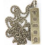 Hallmarked silver ingot necklace, chain L: 64 cm, ingot L: 40 mm, combined 29g. P&P Group 1 (£14+VAT