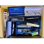 Large mixed collection of pens and drawing implements including Parker Duofold fountain pen with