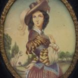 19th Century oval miniature portrait on ivory, La Callitriche ( costume del x11 seculo ) 80 x 62 mm.