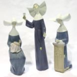 Lladro blue nuns, one lacking thumb, largest H: 26 cm. Not available for in-house P&P, contact