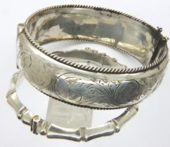 Hallmarked silver bangle, Chester assay and a bamboo style silver bangle, combined 44g. P&P Group