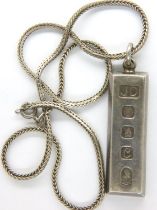 Hallmarked silver ingot necklace, ingot L: 40 mm, combined 37g. P&P Group 1 (£14+VAT for the first