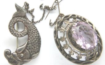 Hallmarked silver amethyst set brooch and a fish brooch, combined 18g. P&P Group 1 (£14+VAT for