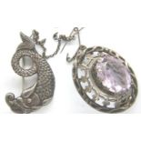 Hallmarked silver amethyst set brooch and a fish brooch, combined 18g. P&P Group 1 (£14+VAT for