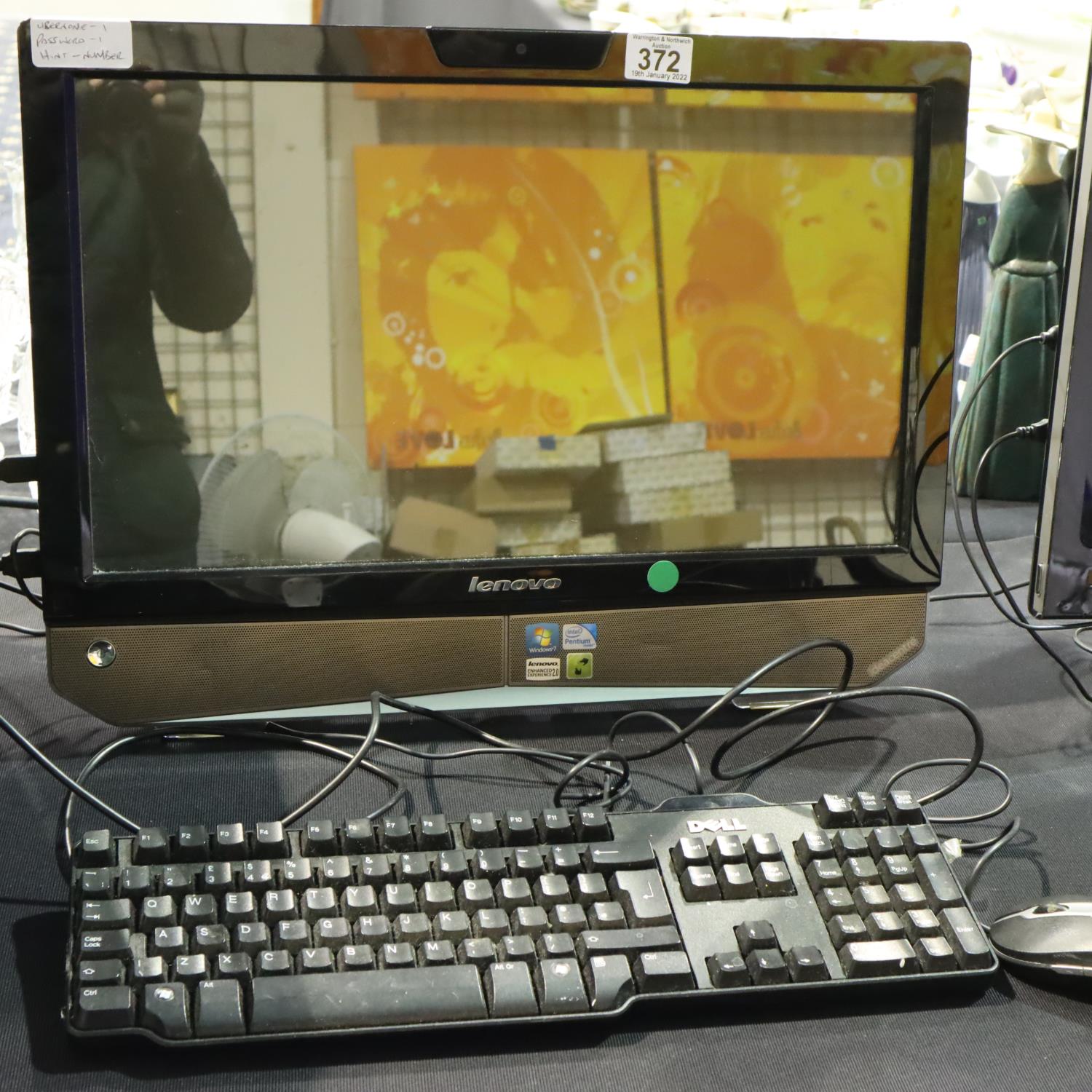 Lenovo all in one PC, running OS Windows 7, with keyboard, mouse and power supply, username and