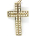 Victorian 9ct gold and seed pearl cross pendant, L: 33 mm, 2.5g. P&P Group 1 (£14+VAT for the