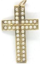Victorian 9ct gold and seed pearl cross pendant, L: 33 mm, 2.5g. P&P Group 1 (£14+VAT for the