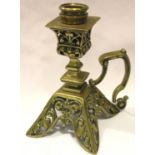19th century brass ornate candlestick, H: 16 cm. P&P Group 2 (£18+VAT for the first lot and £3+VAT