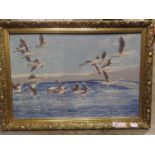 Large gilt framed oil of Flamingos, 50 x 80 cm. Not available for in-house P&P, contact Paul O'Hea