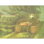 Oil on canvas of a Sherman Firefly on D-Day, 59 x 42 cm. P&P Group 3 (£25+VAT for the first lot