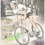 Oil on board of Eddie Merckx in his pre 1976 Peugeot kit, 50 x 46cm, signed Kruse. P&P Group 3 (£