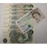 Six Page O'Brien and Smallman one pound notes and a Lowther five pound note in good condition. P&P