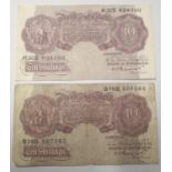 Two Peppiatt ten shilling notes of Queen Elizabeth II, one in good condition, one fair. P&P Group
