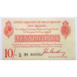 1915 Bradbury ten shilling note of George V, T13.2 Waterlow red six digit serial type two (small