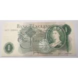 Page green one pound note of Elizabeth II, EX71 209401 with green ink cover run fault. P&P Group