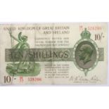 1922-7 Warren Fisher ten shilling note of George V, serial number M77 528206, crease down centre