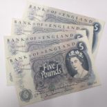 Four small man five pound notes of Queen Elizabeth II in good condition. P&P Group 1 (£14+VAT for