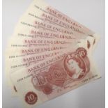 Eight Fforde ten shilling notes of Queen Elizabeth II including a run of seven in good condition.