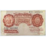 1928-30 Mahon ten shilling note of George V, serial number Z77 241583, good order throughout. P&P